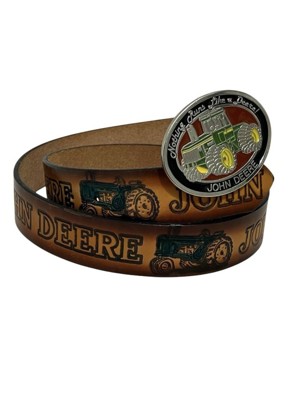 John Deere Tractors Vtg Handmade Leather Belt & Cast Metal Buckle 36" - 41"
